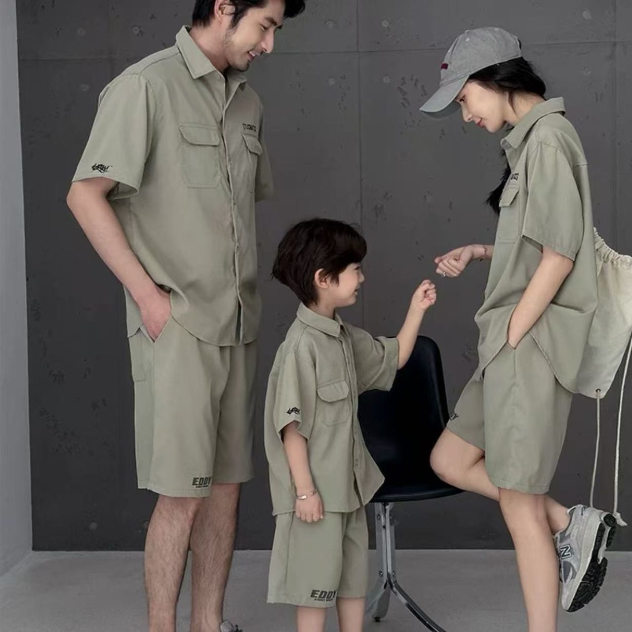親子ペアルック カーキシャツ＆ハーフパンツの夏コーデセット